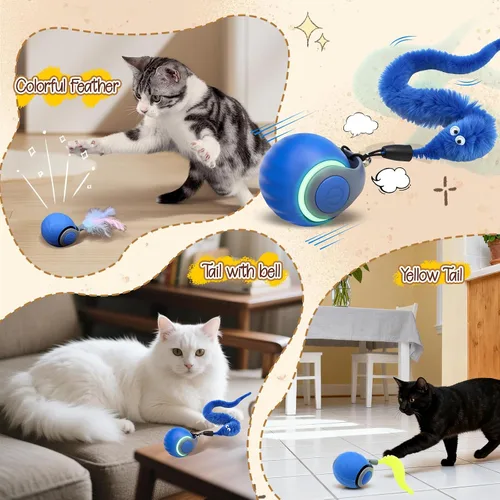 Vista 7 de 1 pelota interactiva de juguete para gatos, cola rápida y cola de gato en movimiento, juguetes interactivos para interiores para aburrimiento, Azul