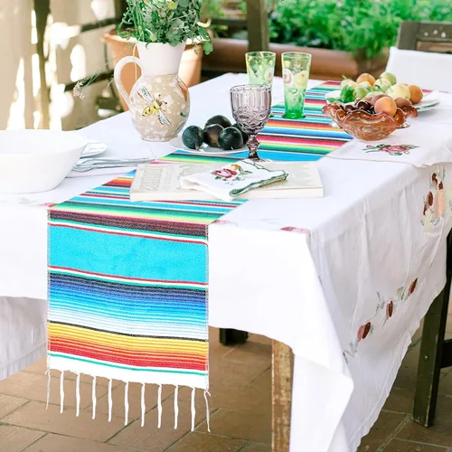 Vista 4 de Camino de mesa mexicano, paquete de 8 unidades, 14 x 110 pulgadas, decoración de fiesta temática mexicana grande para fiesta del Cinco de Mayo