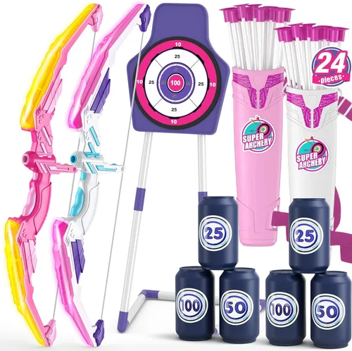 Vista 13 de HYES Arco y flecha para niños, juego de tiro con arco con luz LED con 12 flechas de ventosa, 1 objetivo para colgar, 3 objetivos de puntuación y 1