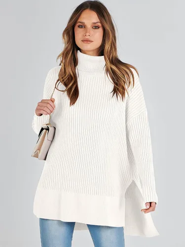 Vista 2 de ANRABESS Suéter de cuello alto de gran tamaño para mujer 2023, suéter de punto acanalado de moda para otoño