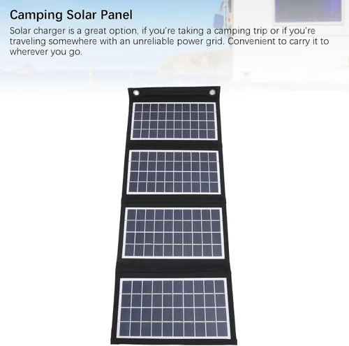 Vista 8 de Panel solar portátil, cargador de panel solar plegable de 30 W 5 V con salidas USB duales, panel solar a prueba de agua de 4 pliegues con 2 ganchos