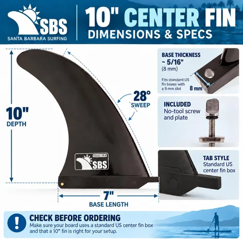 Vista 3 de SBS - Aleta central de 10 pulgadas para longboard, tabla de surf y SUP, caja de aletas central estándar, incluye tornillo y placa de aleta sin