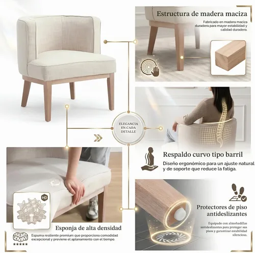 Vista 5 de BESTANO Silla decorativa con brazo de barril con patas de madera, cómoda silla lateral de barril tapizada de lino con respaldo para sala de estar