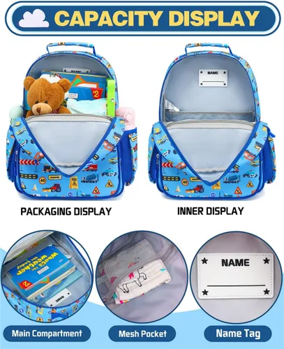Vista 3 de VANKEV Mochila para niños y niñas, bonita mochila ligera para preescolar, jardín de infantes, primaria, escuela primaria, Carros azules, 7L