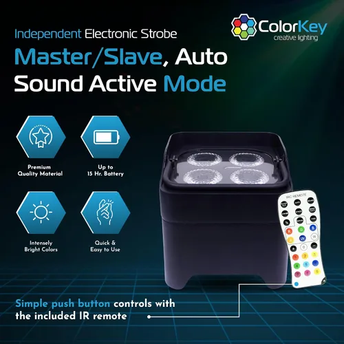 Vista 3 de ColorKey MobilePar Mini Hex 4 inalámbrico alimentado por batería RGBAW+UV Uplight DJ Light (CKW-6020B)