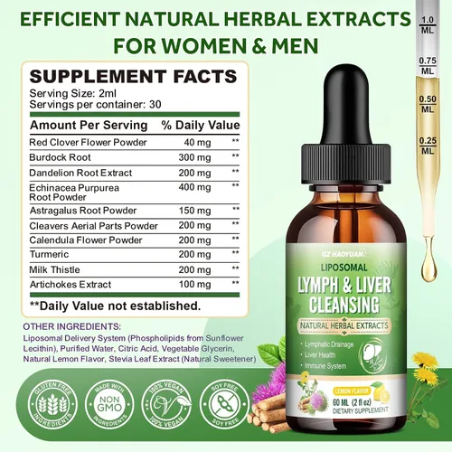 Vista 2 de Drenaje linfático - Gotas de desintoxicación y reparación de limpieza hepática, cardo liposomal, equinácea, alcachofa, diente de león, cúrcuma