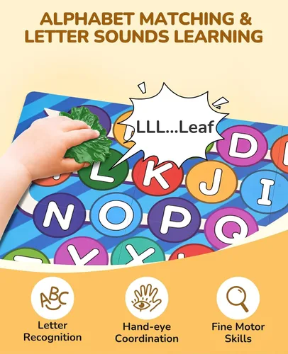 Vista 2 de JoyCat Caja misteriosa del alfabeto para niños, 26 piezas de clasificación de letras a juego, actividades, sonidos de letras, juguetes