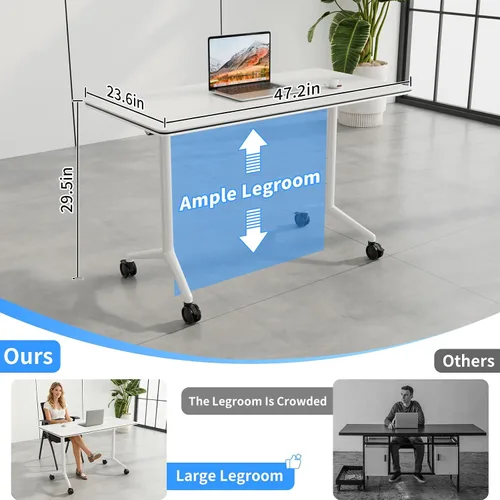 Vista 3 de Mesa de sala de conferencias, mesa de conferencias plegable móvil con ruedas, modernas mesas de entrenamiento apilables con parte superior abatible