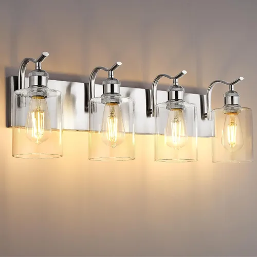 Vista 5 de Lámpara de tocador de baño con 4 luces, aplique de pared de níquel cepillado, lámpara de baño moderna con vidrio transparente, VL01BN-4 Níquel
