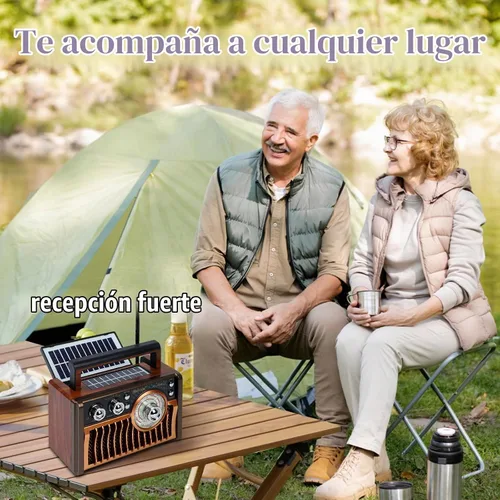 Vista 3 de Radios AM FM portátiles, radios retro con altavoces de alta potencia, compatible con alimentación USB y carga de paneles solares. Tarjeta TF Café)