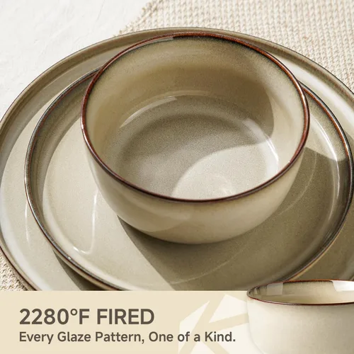 Vista 7 de Stoneware Dinnerware Sets for 8, Reactive Glaze, Beige