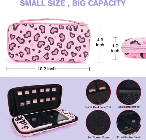 Vista 4 de DLseego Pink Love Leopard Carrying Case for Switch, Cute Silicone Protective Case Soft Cover with 4PCS Thumb Grip Caps and Pink Plush Heart Pendant