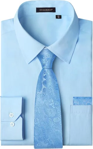 Vista 56 de HISDERN Mens Dress Shirt with Tie Pocket Square Set Classic Button Down Shirt Matching Tie Long Sleeve Shirts 08-verde