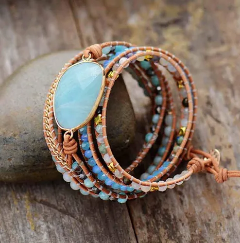 Vista 73 de ZOSOJONA - Pulseras bohemias hechas a mano de piedra natural, que dan vuelta, con cuentas de cristal de turquesa