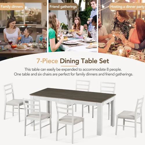 Vista 5 de Juego de comedor de madera de 7 piezas, mesa extensible multifuncional con hojas de 12 pulgadas y 2 cajones, más 6 cómodas sillas de comedor