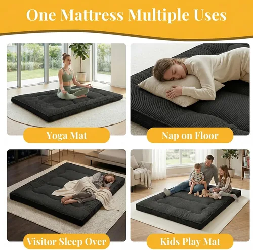 Vista 2 de cidludto Colchón de futón japonés de tamaño individual, sofá cama de 4 pulgadas, colchón de suelo para adultos, tapete de tatami más grueso, Negro