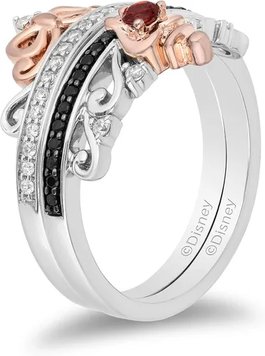 Vista 3 de Jewelili Enchanted Disney Fine Jewelry Anillo de plata de ley y oro rosa de 10 quilates con diamante de 14 quilates y rubí redondo blanco nieve