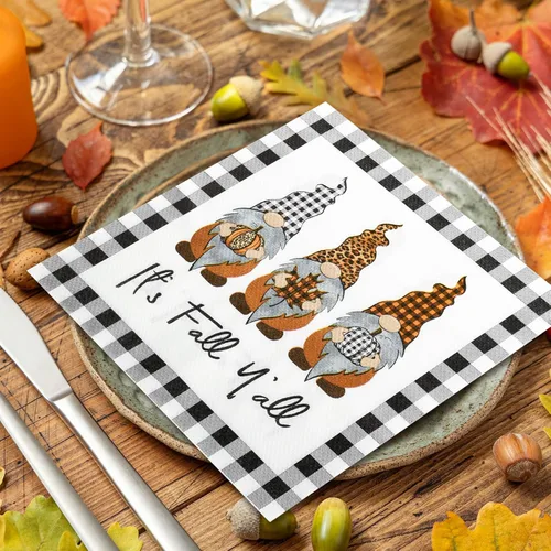 Vista 6 de AnyDesign Paquete de 80 servilletas de papel de gnomo de otoño, desechables, con texto en inglés "It's Fall Y'all", servilletas de almuerzo a