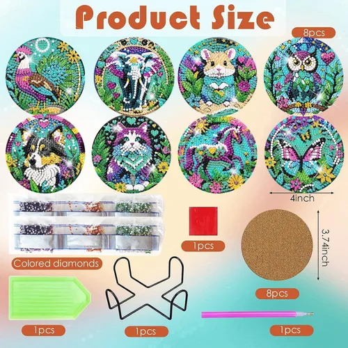 Vista 2 de ijbnhd 8 posavasos de pintura de diamantes de animales, posavasos de arte de diamantes con soporte para principiantes y adultos, suministros