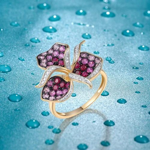 Vista 3 de Santuzza Anillo de oro macizo de 10 quilates con piedras preciosas para mujer