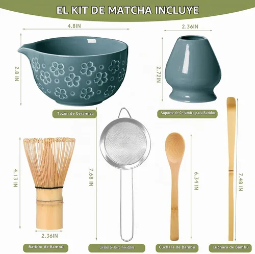 Vista 3 de Kit de juego de batidor de Matcha: Juego de Matcha japonés - Tazón de cerámica, batidor de bambú, Chasen, soporte para cuchara, cuchara medidora