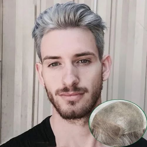 Vista 5 de Voloria Toupee para hombres 100% cabello humano europeo suizo frente encaje frontal natural piezas de cabello 0.003 in piel fina PU V-looped sistema