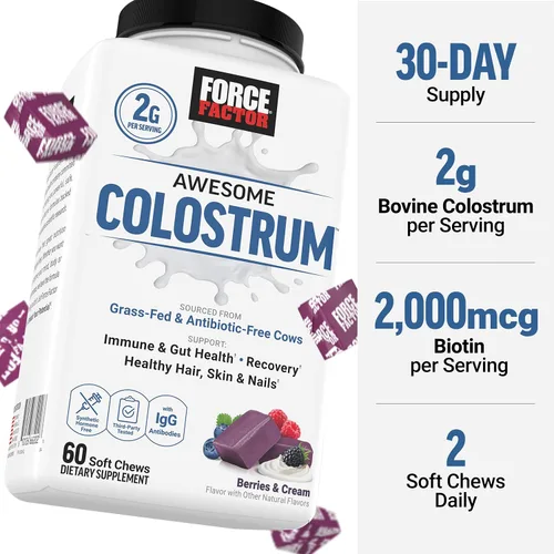 Vista 6 de Suplemento de calostro impresionante Force Factor, bayas y crema, 60 masticables suaves Bovine Colostrum with Biotin, Grass-Fed, Antibiotic-Free