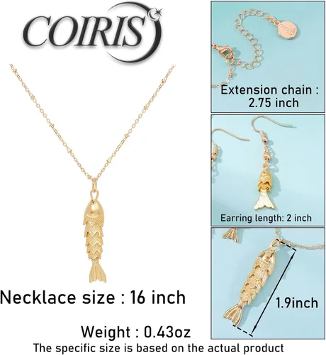 Vista 6 de Coiris Collar de pez para mujer, chapado en oro de 14 quilates, collar con dije de pez animado 3D, aretes de playa, verano, océano hawaiano
