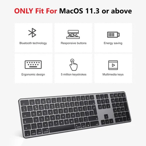 Vista 4 de OMOTON Teclado Bluetooth compatible solo con Mac, con teclado numérico, teclado inalámbrico recargable compatible con MacBook Pro/Air, iMac, Mac