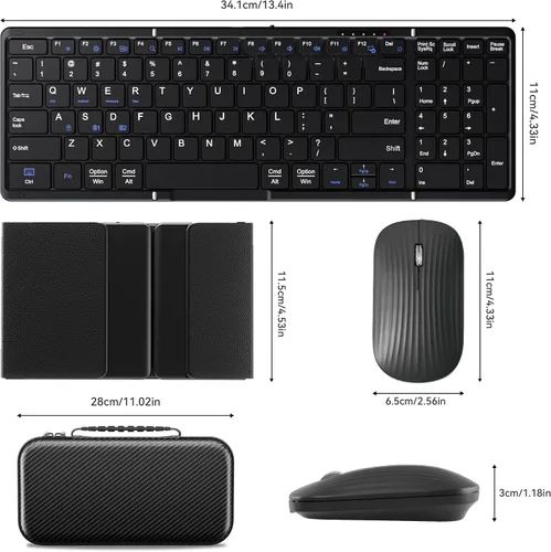 Vista 8 de Teclado y mouse plegables, combo de teclado Bluetooth inalámbrico plegable recargable USB-C, teclado y mouse de viaje portátil de tamaño completo