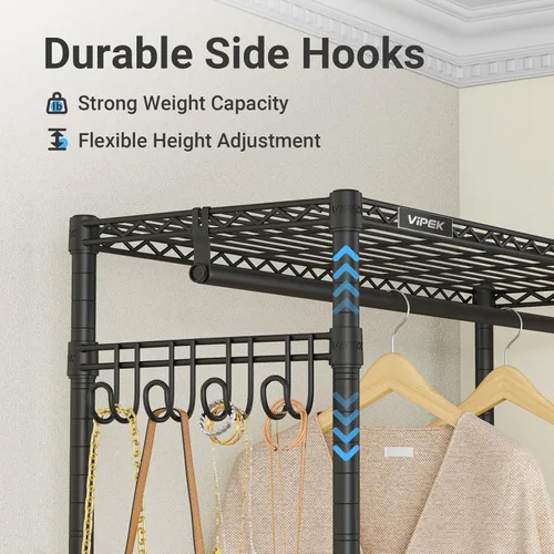 Vista 6 de VIPEK R3 - Percheros medianos con ruedas con cerradura, perchero resistente con estantes ajustables, barra para colgar y ganchos laterales, Negro