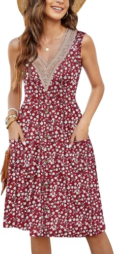 Vista 24 de MOLERANI Vestido de verano para mujer, sin mangas, estilo casual, suelto, con vuelo, botones, midi, con bolsillos 01-beja Blue