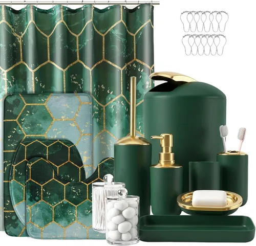 Vista 14 de BSSN Juego de 25 accesorios de baño negros y dorados con cortina de ducha y alfombras, basura, cepillo de inodoro, dispensador de jabón, soporte