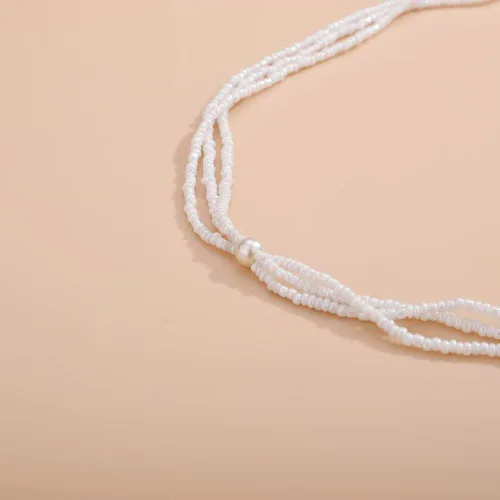 Vista 5 de Aimimier Collar bohemio de 3 hebras de perlas sintéticas con nudo de perlas