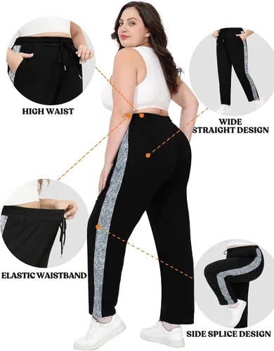 Vista 3 de FOREYOND Pantalones deportivos de talla grande para mujer, pantalones de yoga de pierna ancha, pantalones de entrenamiento de punto con cordón