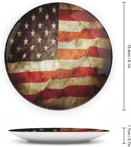 Vista 2 de Platos decorativos, adorno estampado de bandera estadounidense, aspecto patriótico, grunge, 6 pulgadas, decoración de pared de cocina, multicolor