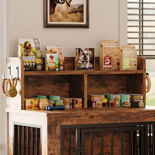 Vista 8 de IRONCK Mueble de jaula para perros, jaula de madera para perros pequeños de 33.4 pulgadas con almacenamiento y 4 ganchos, jaula resistente