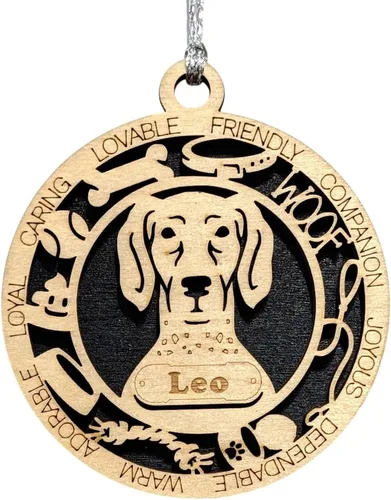Vista 213 de Adorno de Navidad personalizado para perro Cavalier King Charles Spaniel, redondo de 3 pulgadas, madera cortada con láser de 2 capas, nombre y texto