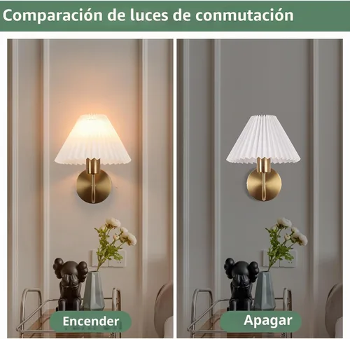 Vista 5 de Juego de 2 apliques de pared de latón cepillado con pantalla plisada blanca, lámpara de pared dorada de cuello de cisne para interiores, tocador