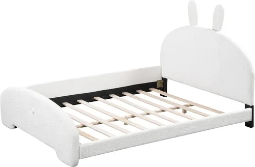 Vista 5 de Cama de plataforma tapizada de tamaño completo con cabecero en forma de orejas de dibujos animados, para muebles de dormitorio de niños
