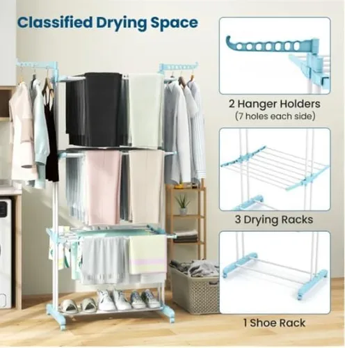 Vista 5 de Blue 4-Tier Foldable Clothes Drying Rack with Wheels, Heavy Duty Metal Laundry Hanger Stand for Indoor Outdoor Use