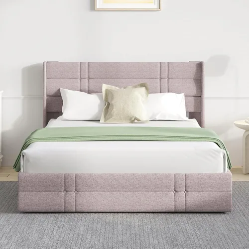 Vista 3 de Novilla Base de cama Queen con almacenamiento elevable, base de cama de plataforma tapizada con almacenamiento, no necesita somier, soporte