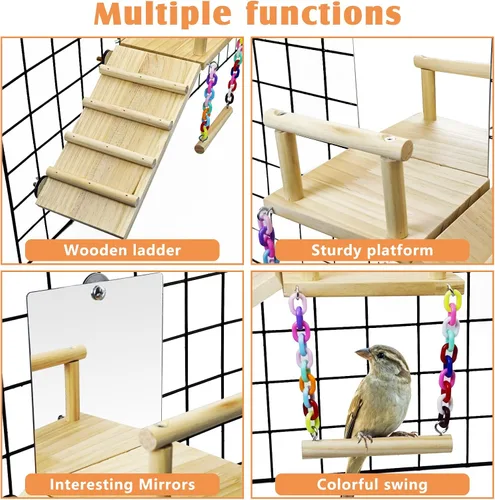 Vista 4 de BNOSDM Plataforma de perca para pájaros con espejo, escalera de escalada de madera para periquitos, juguetes de columpio para pájaros pequeños