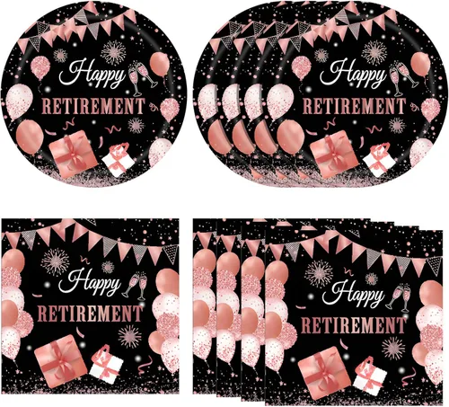 Vista 8 de Juego de 40 piezas de vajilla desechable para fiestas de jubilación para hombres y mujeres, color negro y plateado, incluye platos de jubilación