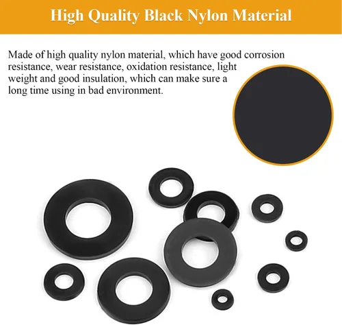 Vista 2 de Juego de 640 Piezas de Arandelas Planas de Nylon Negras, M2-M10, Arandelas Métricas y Planas de Nylon