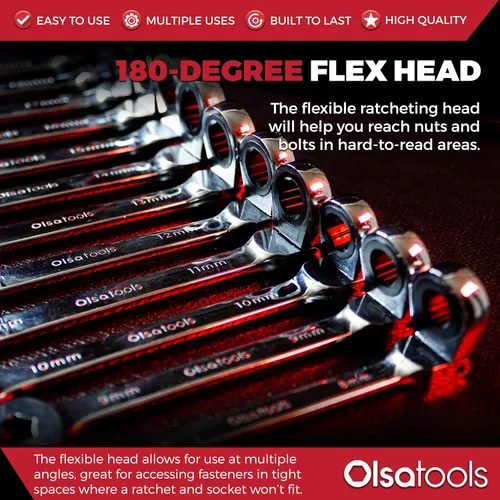 Vista 4 de Olsa Tools Juego de llaves de trinquete de cabeza flexible de 120 dientes 12 piezas - métrico
