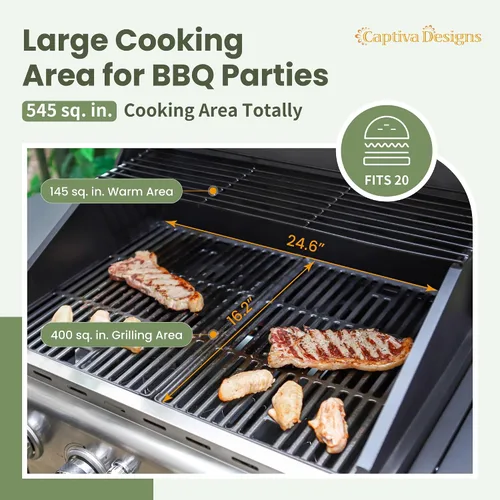 Vista 3 de Captiva Designs Parrilla de barbacoa de gas propano de 4 quemadores con quemador lateral y rejillas de hierro fundido esmaltado de porcelana, salida