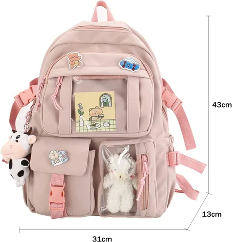 Vista 4 de Mochila Kawaii con lindo pin y accesorios, linda mochila Kawaii para mochila escolar, mochila Kawaii para niña, Rosado-2, Kawaii, lindo