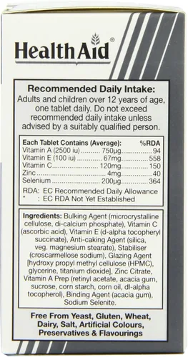 Vista 2 de Health Aid Selenio Plus (Vitaminas A, C, E y Zinc) 60 Tabletas