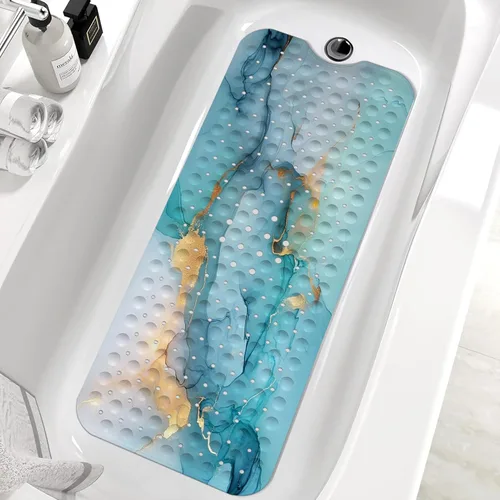 Vista 8 de Alfombrilla de Bañera de Mármol Antideslizante, Negra, Blanca y Dorada, Alfombrilla de Baño Antideslizante para Ducha, Grande, Lavable, con Agujeros